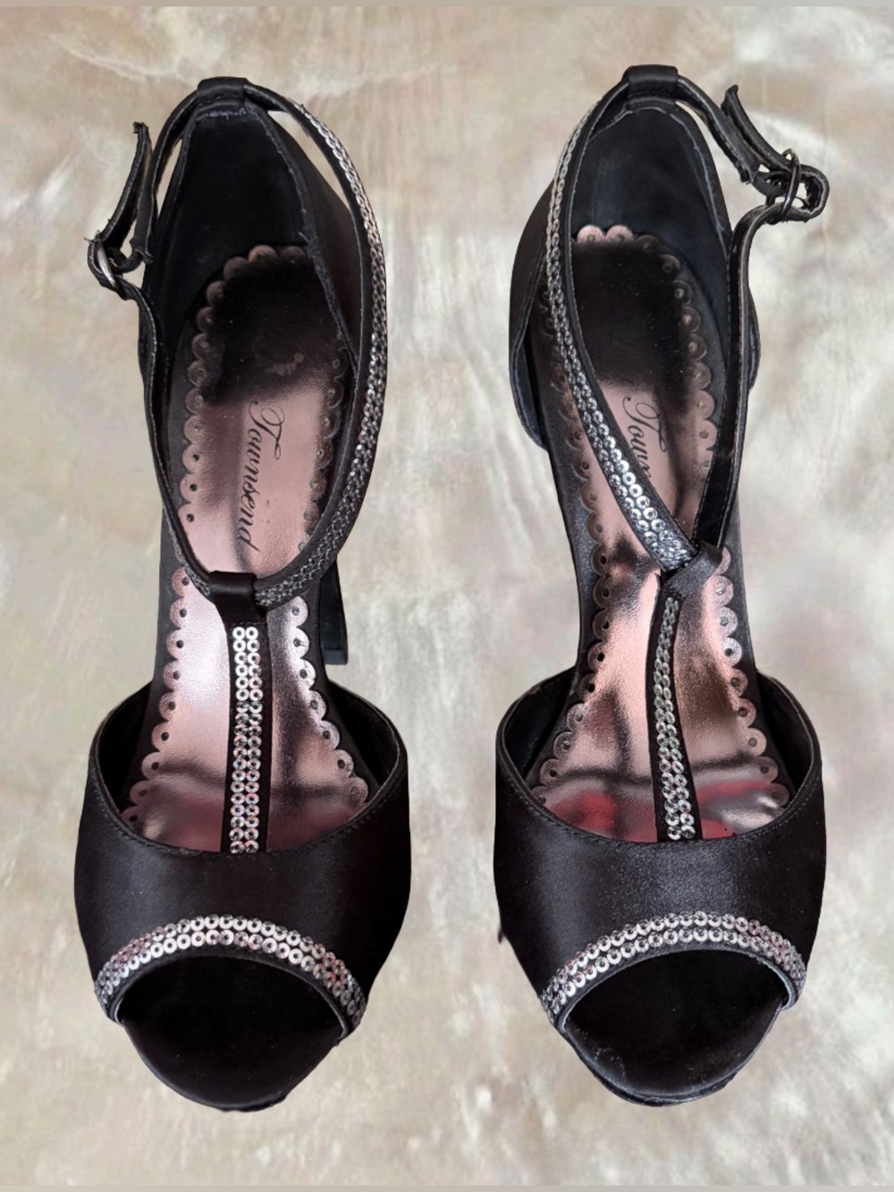 Lulu Townsend Black Satin Peep Toe Heels w/ Silver Rhinestone Trim